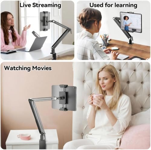 Portable Monitor Stand Desk Holder- Large Clamp support up to 6.5 12.9 14.6 15.6 18.5 inch 360° Rotating Base Swivel Tall Desk Arm Mount for iPad Pro/Mini/Air/Surface Strong Bearing Weight over 5.5lbs