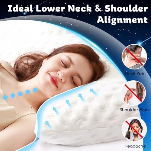 KUCEY Cooling Side Sleeper Pillow for Neck and Shoulder Pain, Luxury Shredded Memory Foam Curved Bed Pillows for Sleeping Set of 2- Adjustable King Size- Washable Cover Crescent White