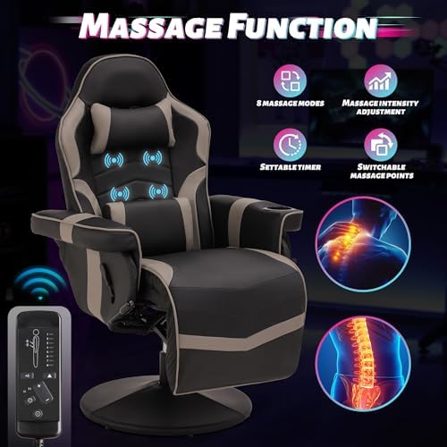 Game Reclining Chair with Adjustable Height, PU Gaming Chair with Massage, Long Footrest and Lumbar Support, High Back Swivel Computer Game Chair for Adult (Gray)