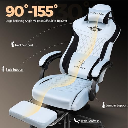 GTPLAYER Gaming Chair with Footrest, Big and Tall Game Chair High Back Computer Office Chair with Lumbar Support for Adults, Ergonomic Swivel Games Chair with Cushion Gaming, Fabric Light Blue