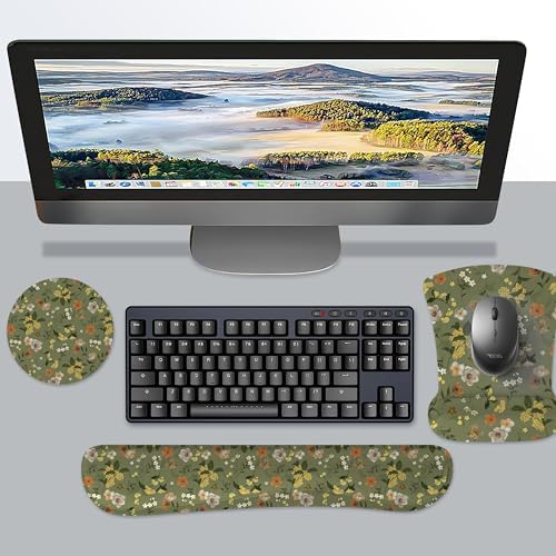 Ergonomic Memory Foam Keyboard Mouse Pad Set with Wrist Rest Support,Non-Slip Hand Wrist Cushion for Laptop/Notebook/Desktop/Computer/Gaming/Office,Easy Typing& Pain Relief (Flowers)