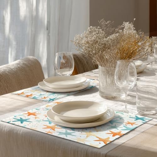 Shrahala Starfish Pattern Set of 6 12 X 18 Inch Linen Placemats, Sea Themed Illustration Burlap Table Mat Washable Double Layered Heat Insulation for Indoor/Outdoor