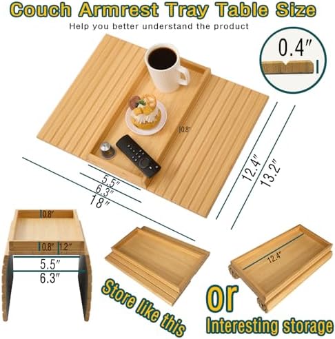 Bamboo Couch Arm Tray Table，Foldable Sofa Armrest Tray Table for Couch，Flexible and Anti-Slip Couch Arm Cup Holder，Portable Sofa Arm Chair Table for Drink,Cups, Eats，Snacks, Phone, Remote