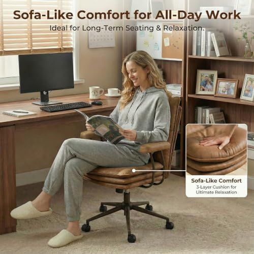 Brown Leather Office Chair with Triple-Layer Seat, Home Desk Chair