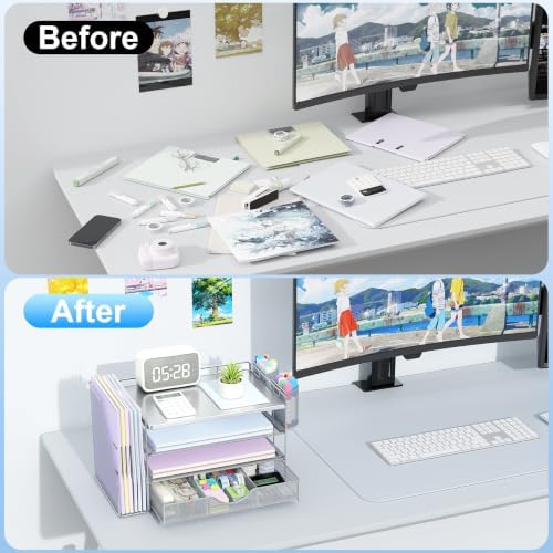 gianotter Desk Organizers and Accessories with File Holder, 4-Tier Desk Accessories & Workspace Organizers with Drawer and 2 Pen Holder, Desk Reference Organizer (Grey, 4T with Metal Drawer)
