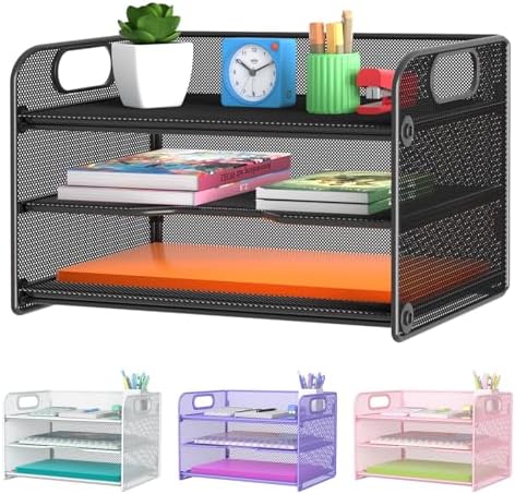 Samstar 3 Tier Letter Tray Paper Organizer with Handle, Mesh Desk Organizer Paper Sorter File Rack Shelves, Black
