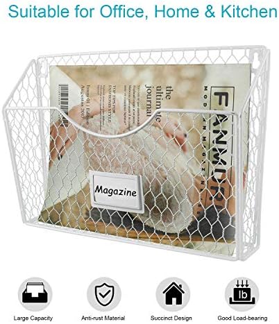 PAG-Mass 6 Pockets Hanging File Holder Wall Mount Mail Organizer Metal Chicken Wire Magazine Rack with Tag Slot, White