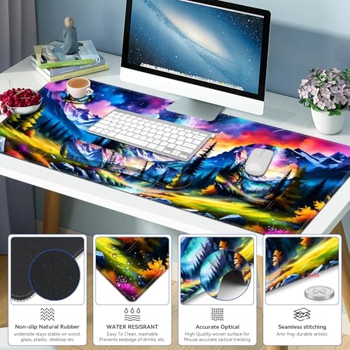 4 in 1 Large Mouse Pad, Keyboard Wrist Rest Set, Ergonomic Mouse Pad with Wrist Support, Desk Mat with Stitched Edges Extended Desk Pad Waterproof Desk Mat for Home Office Game I Landscaping Mountain