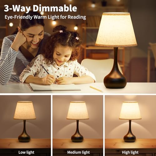 ONEWISH Touch Bedside Lamp, Farmhouse 3-Way Dimmable Table Lamps for Nightstand with Fabric Shade, 17.32'' Desk Lamp for Reading, Bedroom, Livingroom, Office