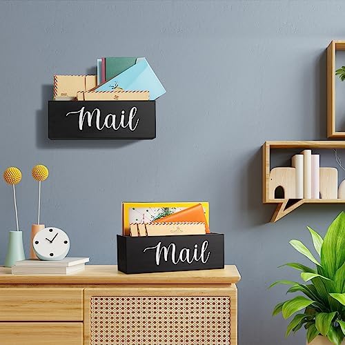 DRASTAR Mail Organizer, Mail Holder with 2 Slots, Mail Basket for Wall Table Countertop, Wood Desk Mail Organizer, Black Envelope Holder for Home Office Decor