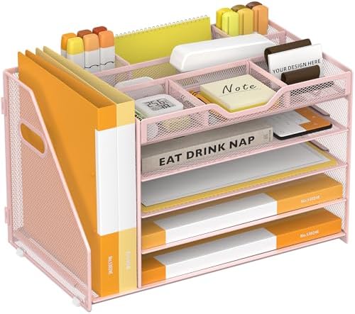 5 Tier Paper Letter Tray Desk Organizer with Pen Holders - Pink