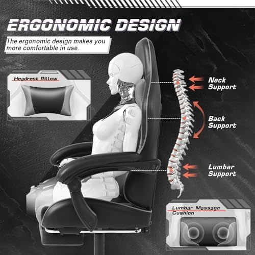 Shahoo Gaming Chair with Footrest and Massage Lumbar Support, Video Racing Seat Height Adjustable with 360°Swivel and Headrest for Office or Bedroom, Grey