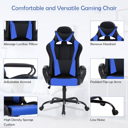 Blue Gaming Chair - High Back Ergonomic Office & PC Gaming Chair with Wheels, Reclining & Adjustable Headrest & Lumbar Support