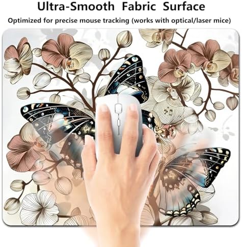 9.5x7.9 Inch Office/Gaming Mouse Pad, Vintage Blue Butterflies on Orchids Flowers Elegant Floral Art, Cute Anti-Slip Mat for Desk Decor
