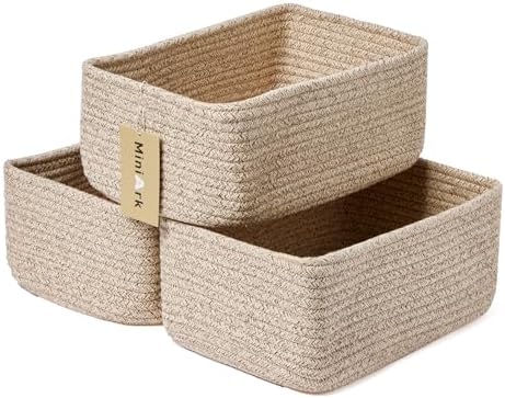 MiniArk Small Storage Baskets for Organizing | Closet Organizer Bins | Shelf Toy Basket | Woven Rope Baskets | Cube Decorative Box | Shallow Basket | L11.5xW7.5xH4.7| Brown