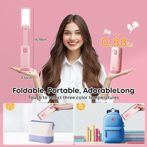 VAVOFO Cute Bunny Desk Lamp, Foldable LED Rechargeable Table Light, Eye-Caring Reading Lamp, 3 Color Modes & Dimmable, for Kids Girls Bedroom Study Dorm Room(Pink)
