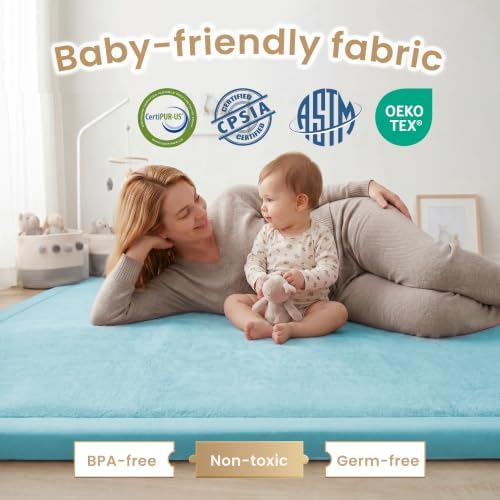 ACOMOPACK Baby Play Mat for Floor 1.3" Thick Memory Foam Play Mats 71"×79" Tummy Time Crawling with Non-slip Bottom for Living Room,Nursery,Soft Velvet Playpen for Kids,Infants（Light Blue）