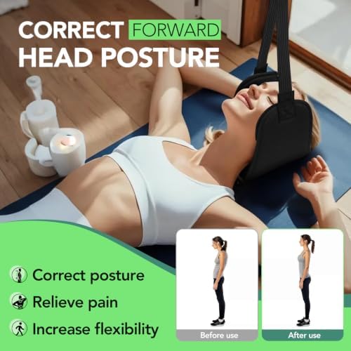 WEEOATAR Adjustable Neck Traction Stretcher Strap for Pinched Nerves, Portable and Easy to Use with Release Buckle, Neck Decompression Device Without Ear Holes for Indoors or Outdoors (Black 1)