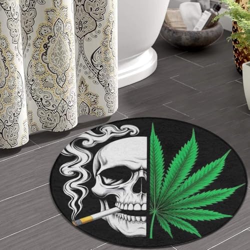 Men's Large Home Decor Mat, Soft Round Yoga Carpet, Non Slip Machine Washable Home Office Circle Rug Pot Leaf Weed Skull Smoking