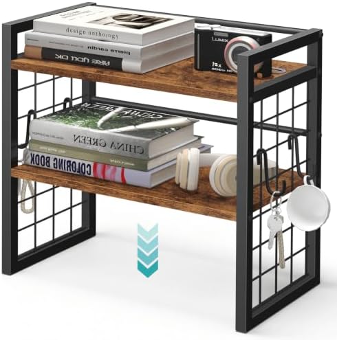 ELITEROO Desktop Shelf Organizer, 2 Tier Wood Desk Bookshelf, Rustic Brown