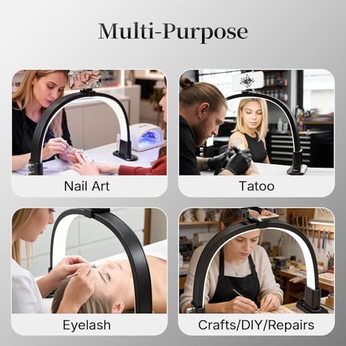 BLUVALL Half Moon Nail Lamp for Desk Portable Nail Desk Lamp with Phone Holder, Stepless Adjustment of Brightness and Color Temperature Desk Lamp for Nail Tech, Eyelash, Tattoo, Makeup (Black)