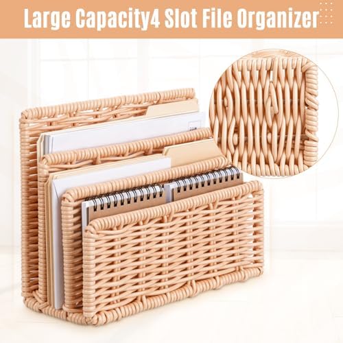 Small Rattan Mail Organizer for Desk Mail Holder Countertop with 3 Slot Rattan Letter Sorter File Holder Envelope Book Stand Farmhouse Office Desk Organizer and Storage Accessories