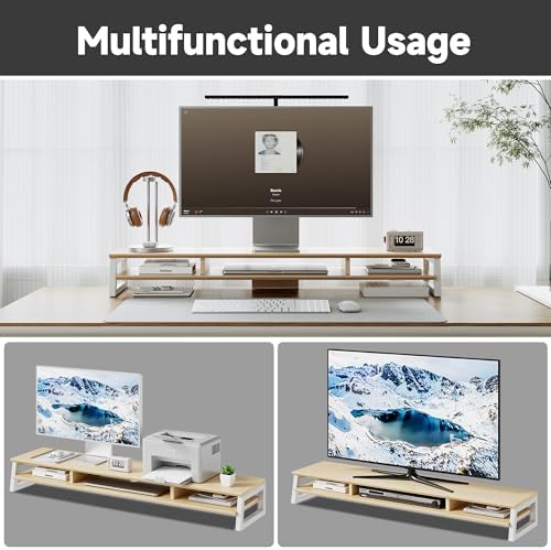 Dual Monitor Stand Riser for Desk, 41.7 Inch Large 2 Tier Computer Monitor Stand for 2 Monitors, Desktop Storage Organizer Shelf with Keyboard Space for Laptop PC Printer, Beige