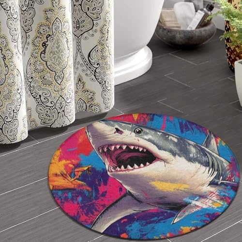 Machine Washable Modern Round Area Rug, Room Sofa Yoga Soft Round Carpet, Home Decor Non Slip Kitchen Office Circle Rug Cute Shark Graffiti Art, 24inch