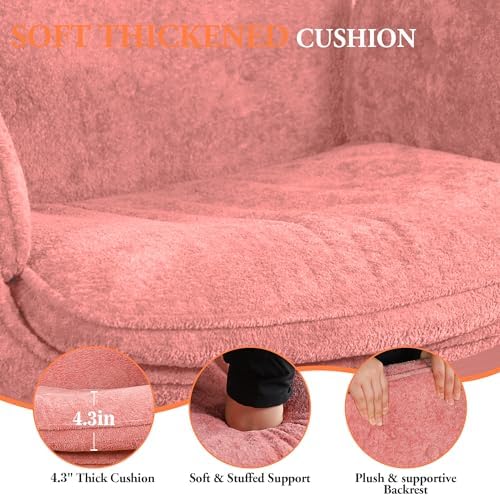 Criss Cross Chair with Lumbar Airbag & Folding Arms Relieve Back Pain, Wide Cross Legged Office Chair for Home Office, Comfy Swivel Desk Chair with Wheels, 5 Level Adjustable Armrest, Chenille(Pink)