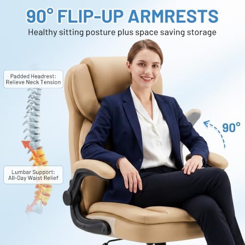 Ergonomic PU Leather Office Chair with Double-Layer Seat Cushion, Adjustable Armrest and Headrest, Reclining Backrest 360° Swivel Rolling Computer Desk Chair for Home Office Gaming Space, Khaki