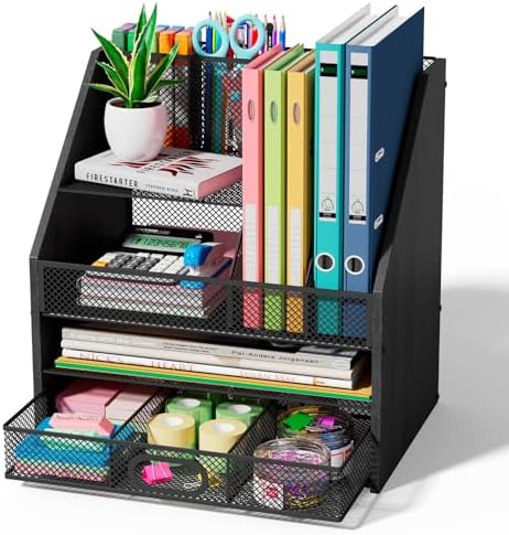 Homsorout Wooden Desk Organizer - Mesh File Organizer with Drawers and Pen Holder - 4-Tier Vertical Paper Letter Storage Tray, Desktop Organizers and Accessories for Home Office (Black