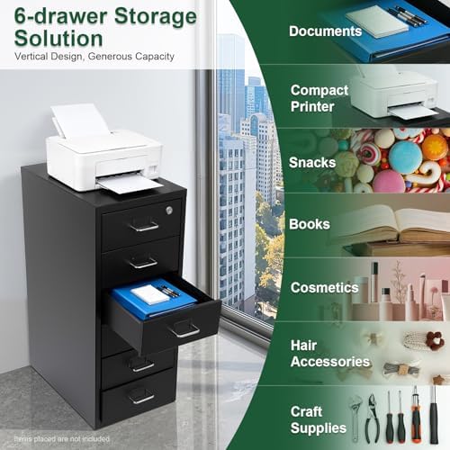 6 Drawer File Cabinet with Lock, Freestanding Filing Metal Drawers Organizer Vertical Metal Rolling Organizer Movable Under Desk Cabinet with Wheels for Home Office Living Room Study (6 Tiers Black)