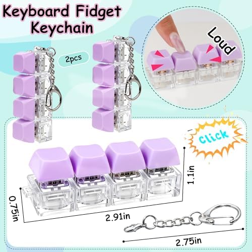 2 Pcs Keyboard Fidget Toy, Keyboard Fidget Keychain 4-in-1 Keyboard Decompression Button Finger Clicker Toys, Button Stress Relief Fidget Gifts for Adult to Relief Stress (Purple)
