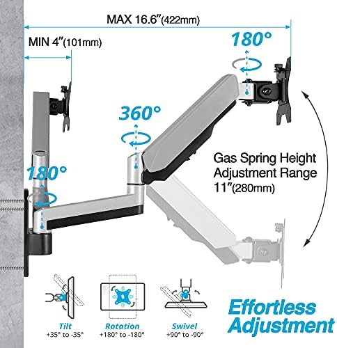 AVLT Dual Monitor Arm Wall Mount for 13-32" Screens, Full Motion - Silver