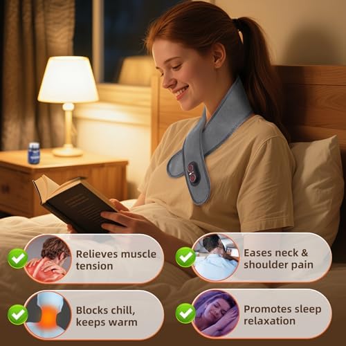 Electric Neck Heating Pad Cordless with Massage, Heated Neck Wrap with 660nm 850nm Red Light, 3 Heat Levels 3 Vibration Modes, Portable Neck Massager for Pain Relief, 3000mAh Rechargeable