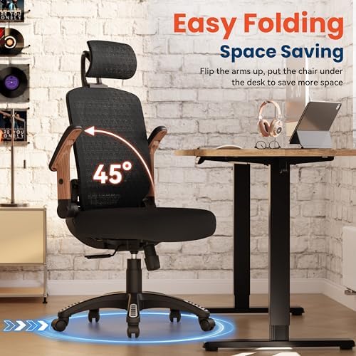 GABRYLLY Ergonomic Office Chair, High Back Home Desk Chair with Flip-Up Arms, 3D Headrest, 90-120° Tilt and Wide Cushion Seat, Big and Tall Computer Chairs for Man Woman, Mesh Chair Black Woodgrain