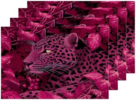 Shrahala Cute Leopard Set of 4 12 X 18 Inch Linen Placemats, Amaranth Leaves Pink and Black Burlap Table Mat Washable Double Layered Heat Insulation for Indoor/Outdoor