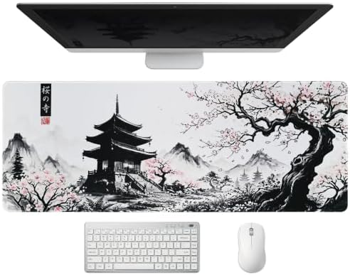 Extended Japanese Sakura Zen Desk Mat, XL Large Gaming Mouse Pad, Cherry Blossom Temple Stitched Edges Waterproof Non-Slip Rubber Base for Computer Keyboard Laptop Work Home Office 31.5"x11.8"