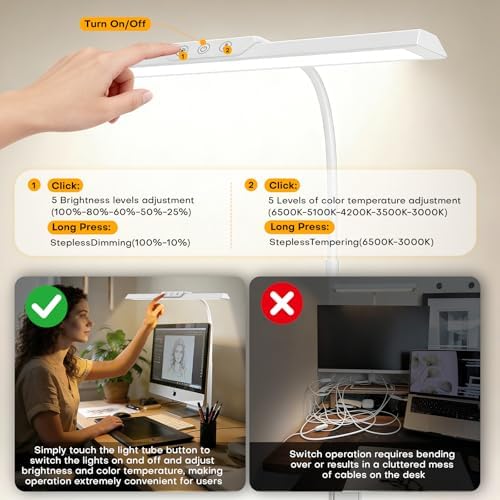 MOICO LED Desk Lamp with Clamp for Office Home-(White, 14.8in)