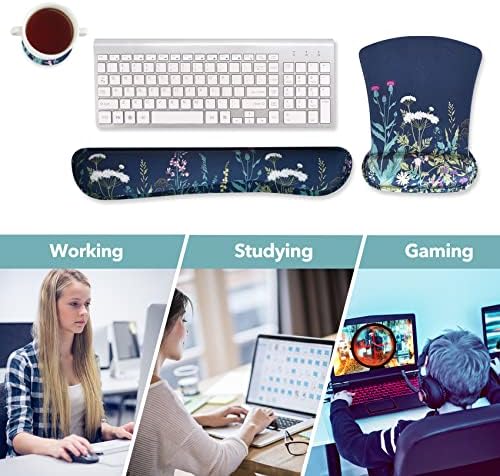 AIMSA Ergonomic Keyboard Wrist Rest and Mouse Pad with Wrist Support Set, Memory Foam Non-Slip Rubber Base, for Home, Office, Easy Typing, Pain Relief, Flowers Plants