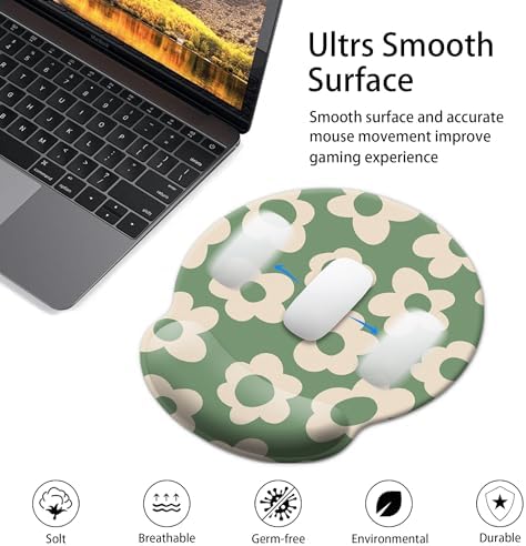 Green Mouse Pad Wrist Support,Ergonomic Mouse Pad with Wrist Rest,Comfortable Mousepad with Smooth Wrist Rest,Pain Relief Mouse Pads for Non-Slip Base,Computer,Laptop,Office(Vintage Groovy Flowers)