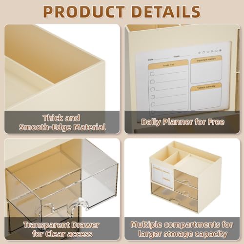 Marbrasse Desk Organizer with 3 Drawer, Multi-Functional Pencil Pen Holder for Desk, Desktop Organizer Storage for Office Home Art Supplies (Beige)