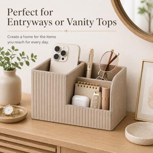 KINGFOM Desk Pen Organizer Office Supplies Caddy Pu Leather Multi-function Storage Box Pen/Pencil,Cell phone, Business Name Cards Remote Control Holder (Mocha Beige)