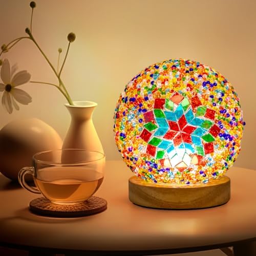 Turkish Mosaic Lamp, 3 Color Temperature Tiffany Bedside Lamp with USB Power, Moroccan Glass Lantern Table Lamp for Living Room Decor, Simple Control (D:4.7" x H:5.2") (Color2)