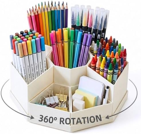 MODENZ 360° Rotating Pencil Holder, Sturdy Non-slip, 9-Grid Smart Compartments, Pen and Art Supply Holder for Office, Home, and Classroom, Makeup Brush Organizer (White)