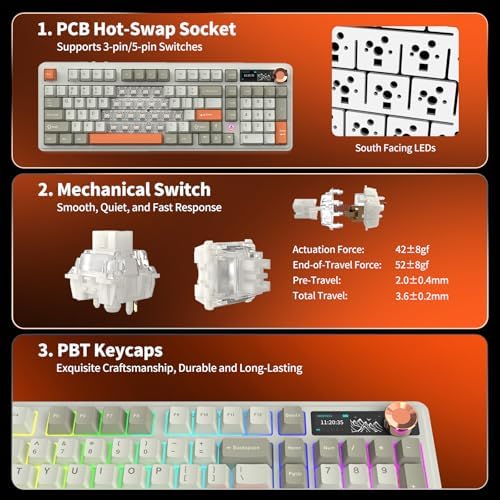 AJAZZ AK980 V2 Tri-Mode Wireless Creamy Mechanical Gaming Keyboard with TFT Smart Display Screen & Knob, 10,000mAh Battery, 98-Key Layout, Hot-Swappable, Gasket-Mounted, Quiet Computer Keyboard