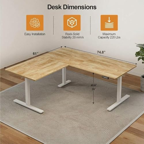 Grandder 75 x 61 Inch L Shaped Standing Desk, Electric Height Adjustable Corner Stand Up Desk, Sit Stand Corner Table Home Office Table, Oak Top White Frame
