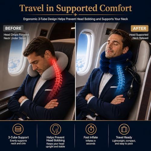 Inflatable Cervical Neck Traction Device, Portable Neck Stretcher for Tech Neck & Office Workers,Travel,3-Tube Adjustable Air Pump Design for Daily Neck Pain Relief & Muscle Relaxation