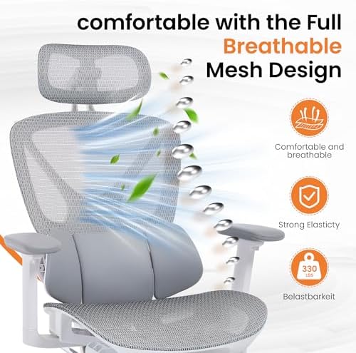 LuxErgo Big & Tall Ergonomic Mesh Office Chair 350lbs, High Back Reclining Gaming Desk Chair with 3D Headrest, Adjustable Armrests, Lumbar Support & Retractable Footrest, Gray