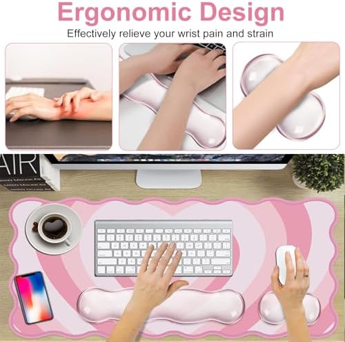 L-SPOUTTO Pink Heart Mouse Pad Set,Cute Scalloped XXL Desk Mat Set